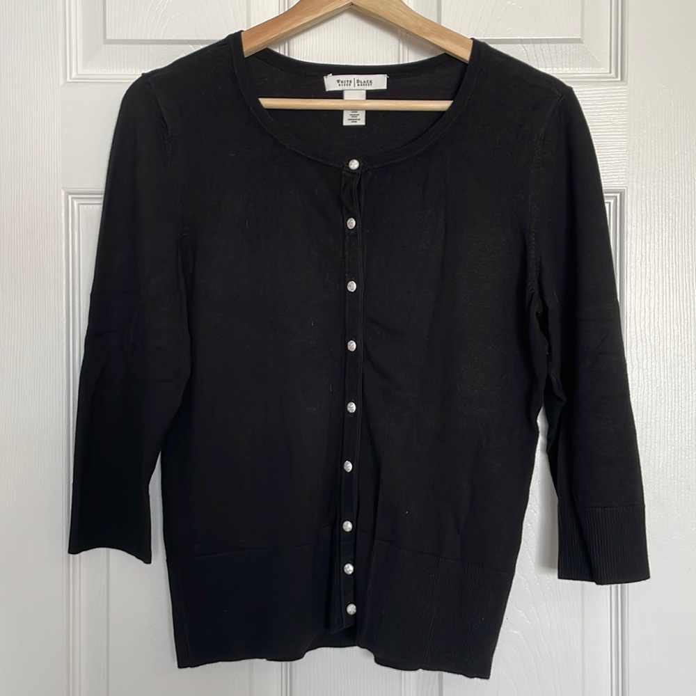 White House | Black Market black cardigan with jeweled buttons
